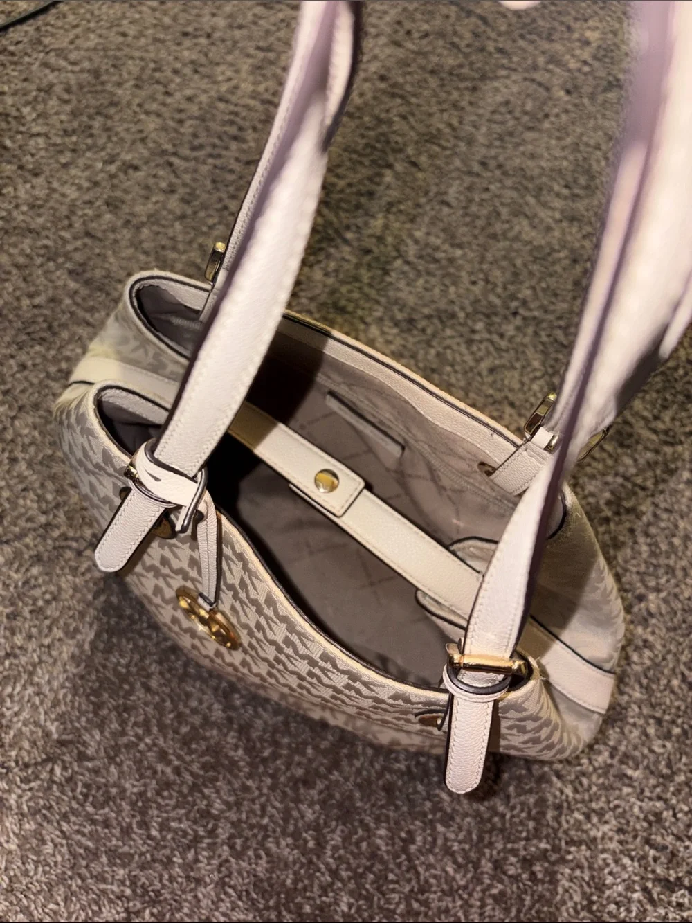 Authentic Michael Kors Cream-Beige MK Logo Shoulder Tote with Gold Accents